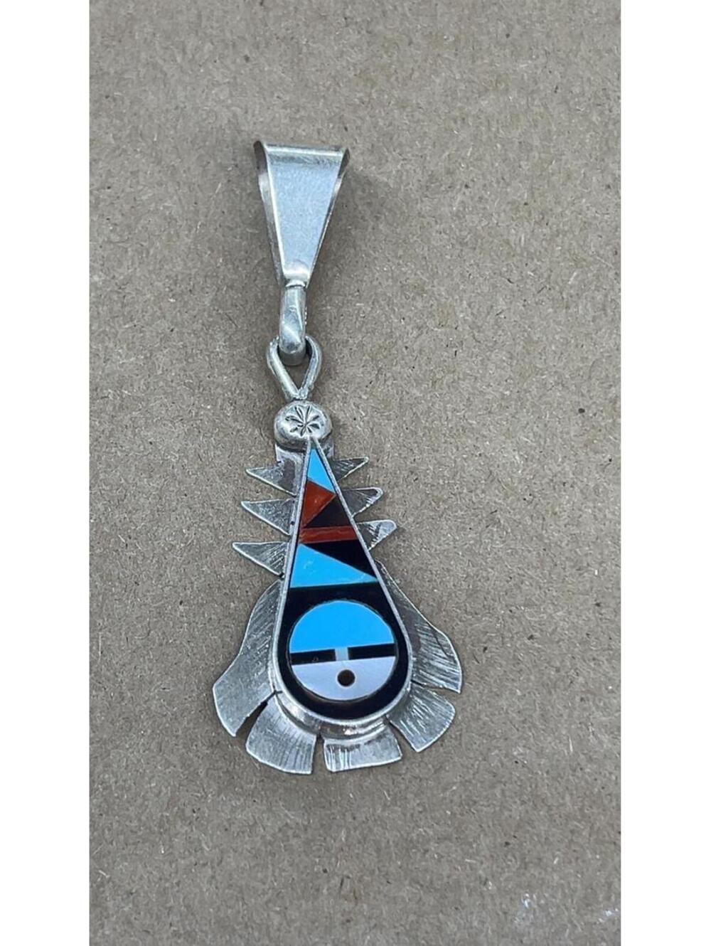 Zuni sterling silver turquoise onyx coral sunface inlay traditional pin/ pendant